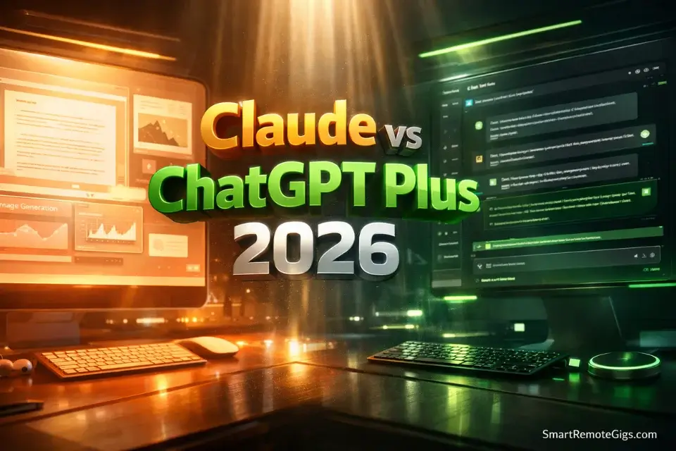 Cinematic 3D digital workspace showcasing the Claude vs ChatGPT Plus 2026 AI comparison.