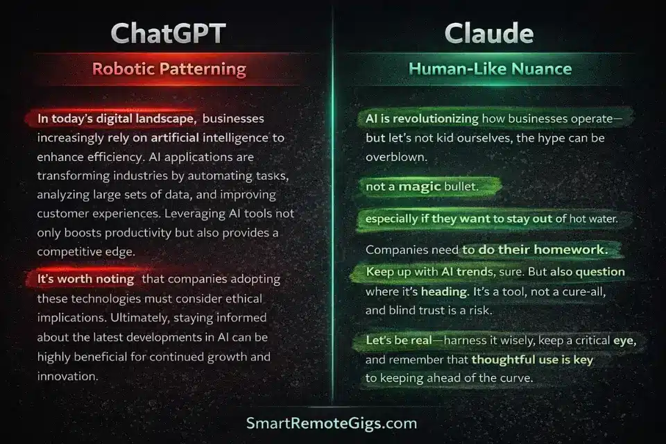 Infographic comparing the robotic writing patterns of ChatGPT against the human-sounding nuance of Claude.