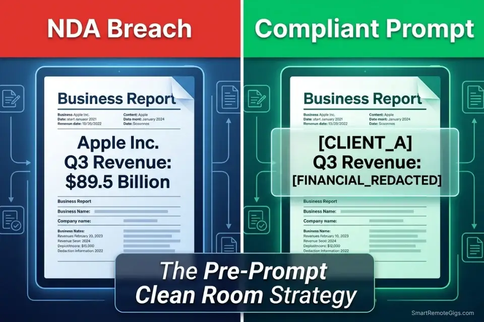 Graphic demonstrating how to anonymize sensitive client data and financial figures before uploading them to free AI tools.