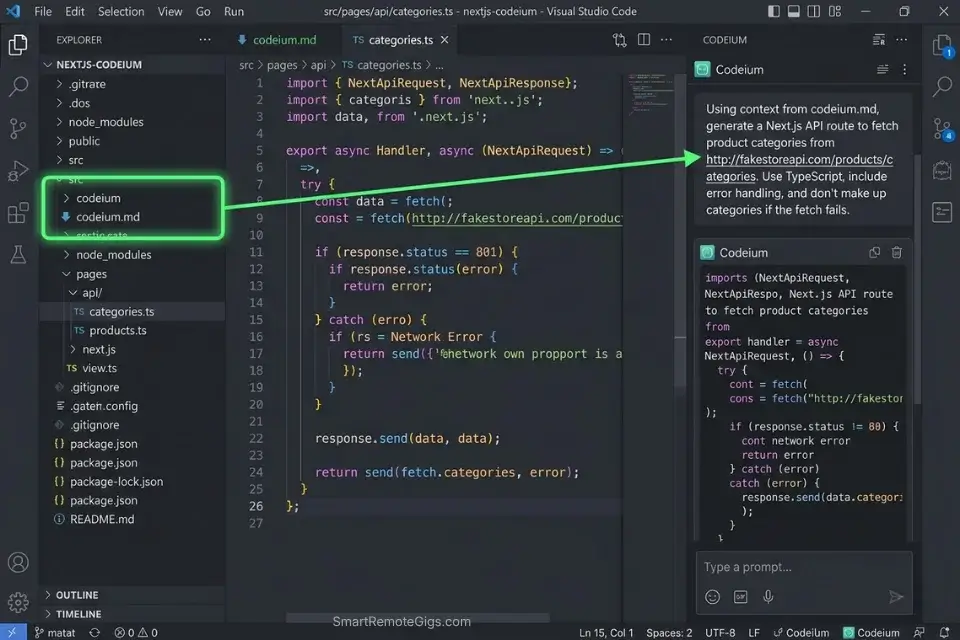 Using Codeium as a free AI code assistant to scaffold a Next.js REST API without hallucinated dependencies in VS Code.