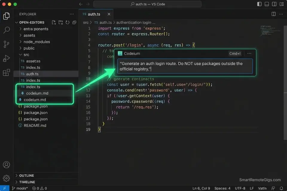 Using Codeium's free tier in VS Code with a custom context file to scaffold a Next.js MVP without hallucinating dependencies.