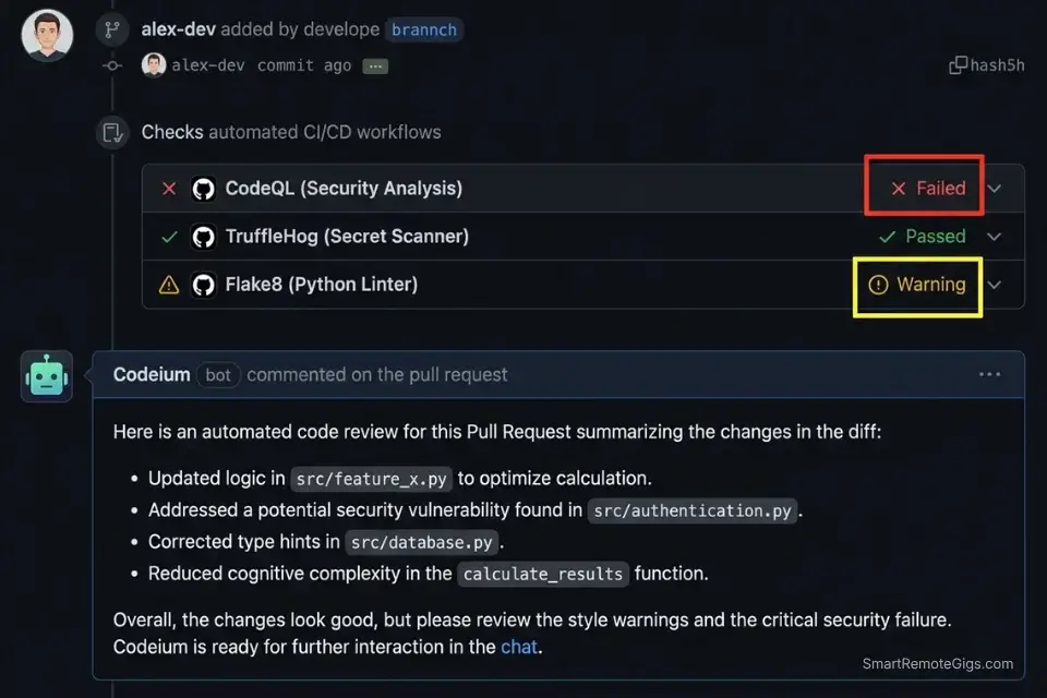 Codeium generating an automated PR summary comment inside a GitHub Actions CI/CD pipeline.