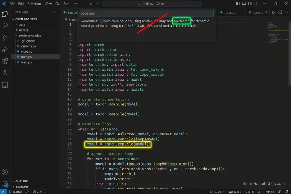 Using Codeium to scaffold a PyTorch neural network training loop, highlighting the correct torch.amp mixed precision syntax.