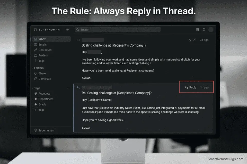 Email UI showing the exact 7-day ghosting revival script to save dead leads for remote copywriting jobs.
