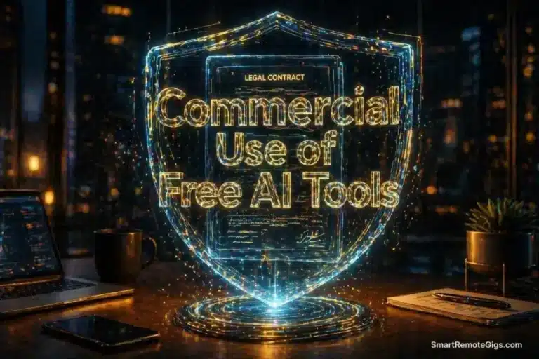 3D glowing holographic contract and security shield representing the legal and commercial use of free AI tools in 2026.