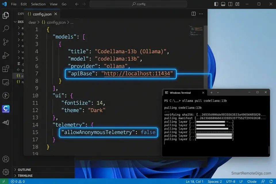 Configuring the Continue.dev config.json file to connect to a local Ollama instance for zero-data-exposure AI coding.