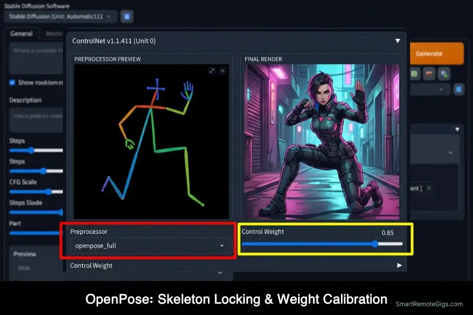 Stable Diffusion ControlNet interface showing the OpenPose full preprocessor wireframe used to lock anatomical character poses.