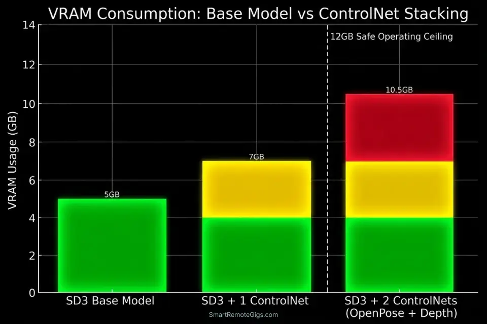Bar chart showing the GPU VRAM memory requirements for running multiple ControlNet models simultaneously in Stable Diffusion.