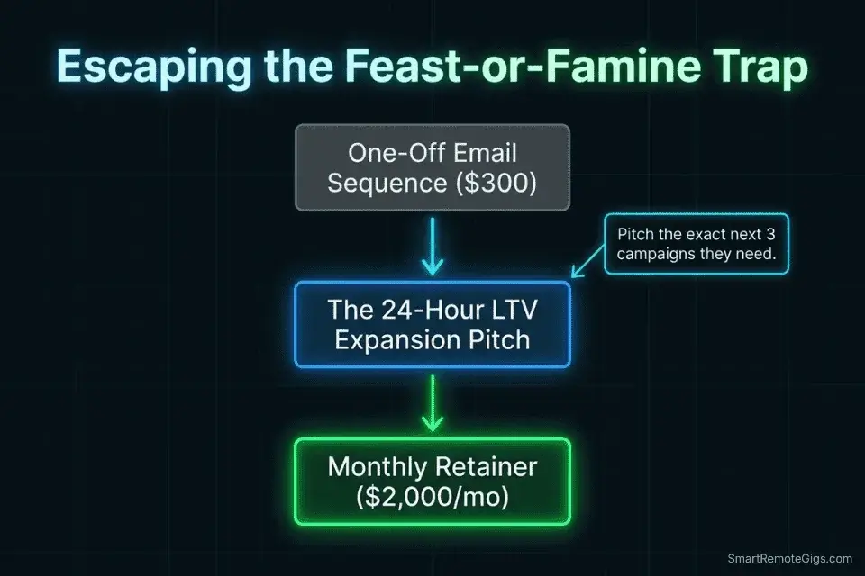 Flowchart demonstrating how to convert one-off remote copywriting jobs into recurring monthly retainers.
