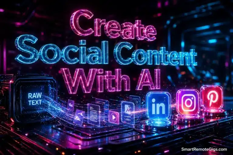 3D glowing data pipeline transforming text into social media icons, representing automated AI content creation in 2026.