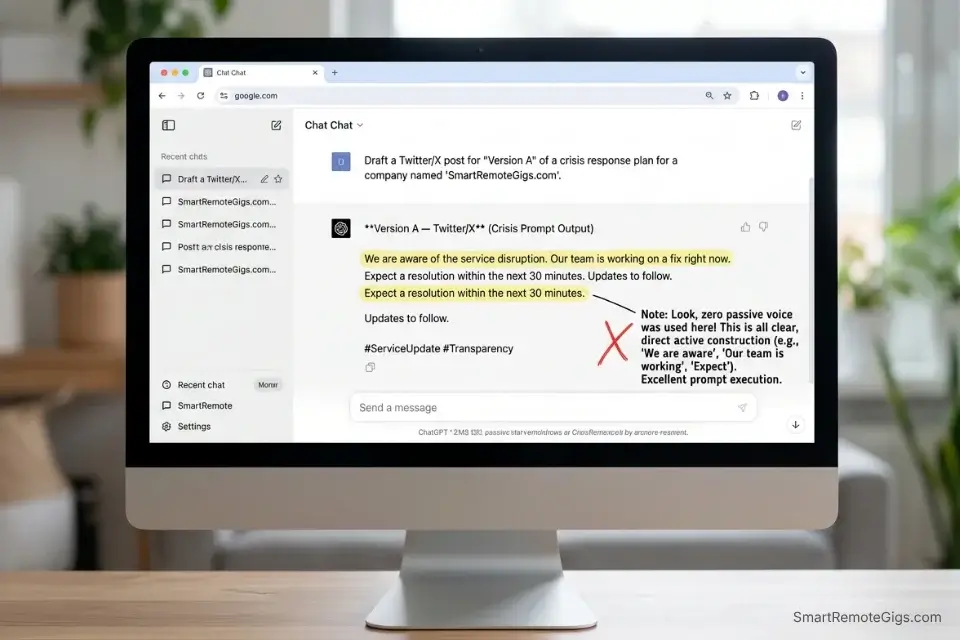 Annotated screenshot of an AI social media post generator drafting a neutral, empathy-forward crisis update.