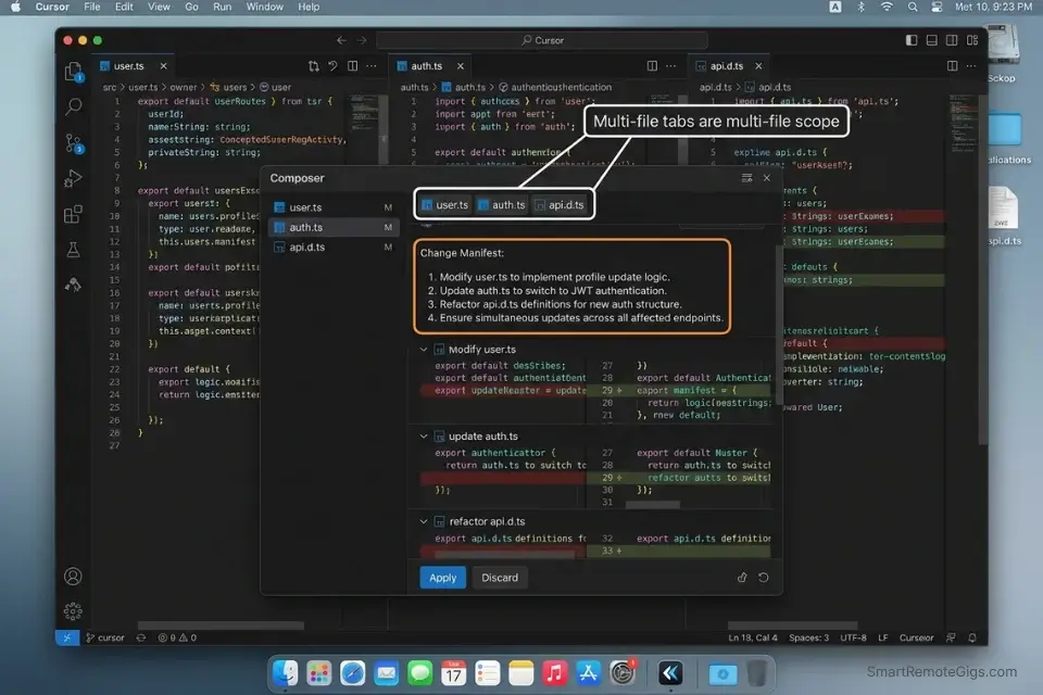 Cursor AI code assistant utilizing Composer mode to refactor multiple TypeScript files simultaneously with 200k context.