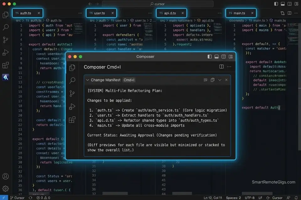 Using Cursor AI Composer mode to execute a multi-file structural refactoring across four TypeScript files simultaneously.