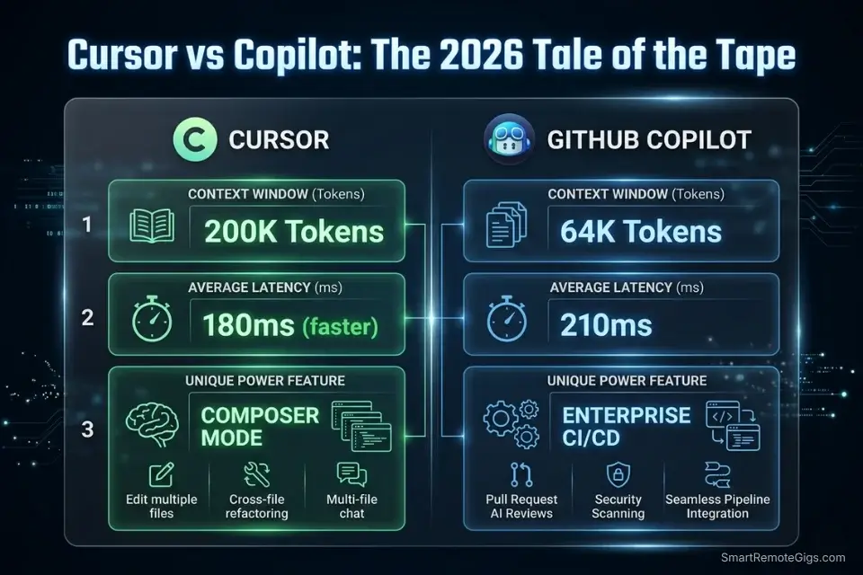 Head-to-head feature matrix comparing Cursor vs GitHub Copilot context limits, latency, and primary use cases.