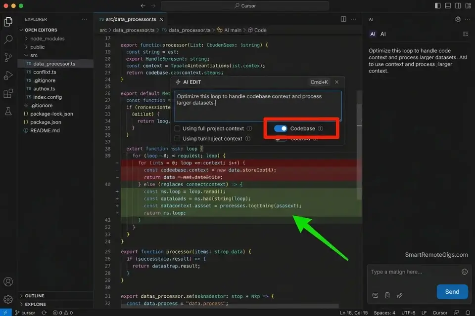 Screenshot of the Cursor IDE free tier applying inline codebase-aware refactoring to avoid syntax hallucinations.