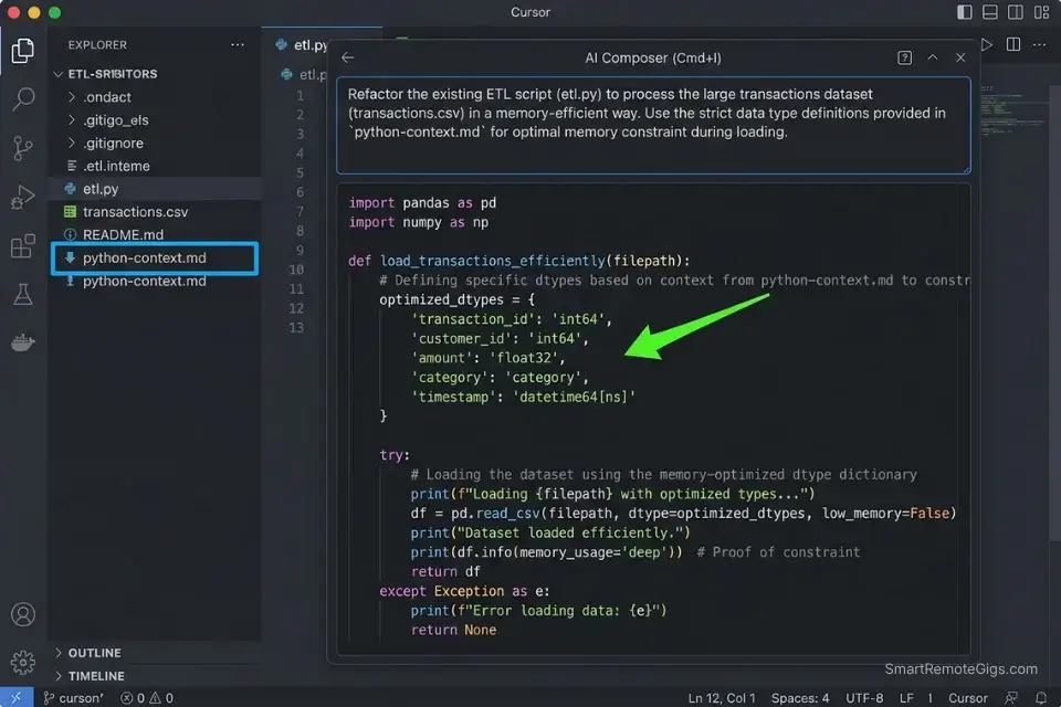 Using Cursor AI code assistant to generate a memory-efficient Pandas ETL pipeline by explicitly mapping dtypes.