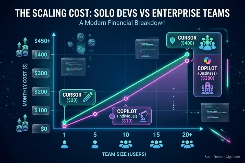 ROI and pricing comparison charting Cursor Pro against GitHub Copilot Business for scaling engineering teams.