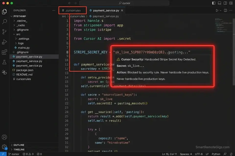 Cursor AI code assistant catching a hardcoded Stripe API key in real-time during authoring via .cursorrules security scanning.