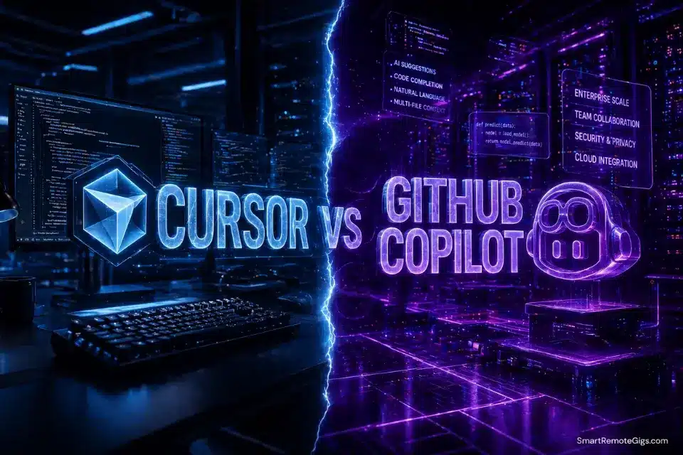 A high-end developer setup illustrating the 2026 battle between Cursor vs GitHub Copilot for the best AI code assistant.