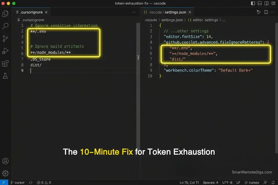 Configuring .cursorignore and settings.json exclusions to prevent Cursor and GitHub Copilot from hallucinating due to context limit exhaustion.