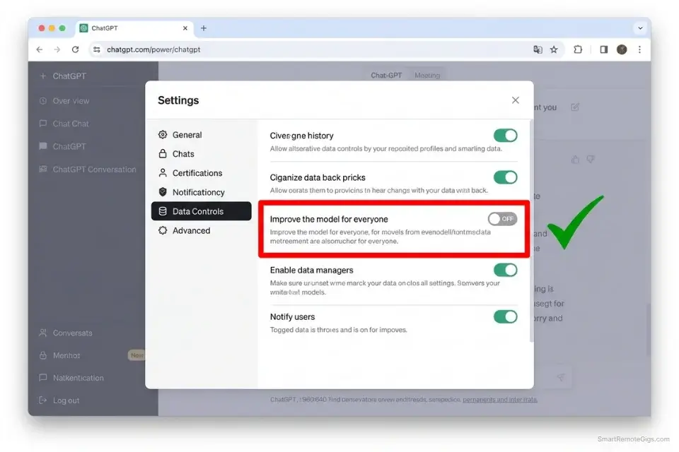 Screenshot highlighting how to disable model training in ChatGPT's data controls to protect client NDAs and data privacy.