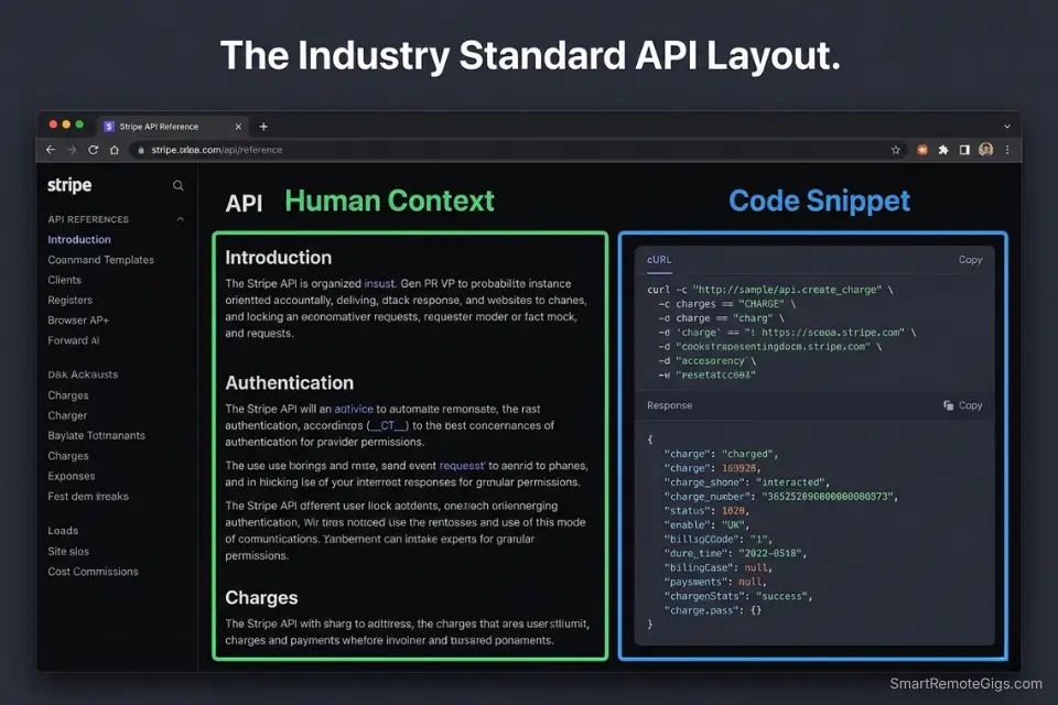 Dual-pane API documentation layout showing human explanation next to code snippets for technical writers.