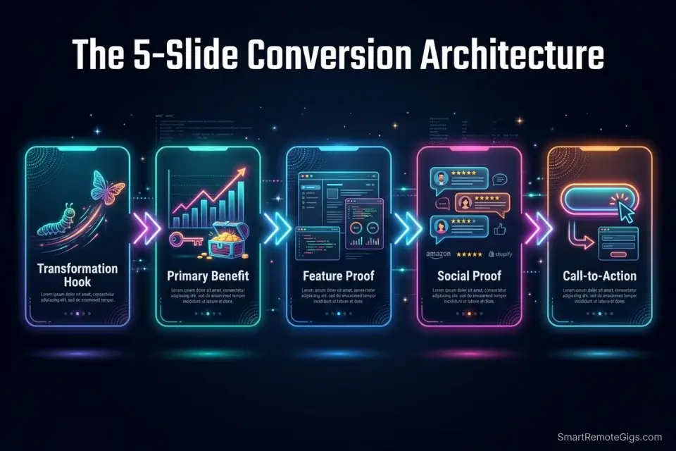 A 5-slide visual breakdown for programming an AI social media post generator to write e-commerce carousels.