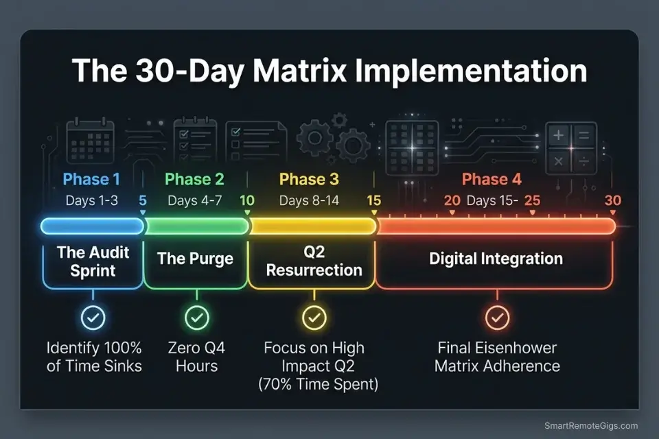 30-Day Execution Plan timeline for implementing and automating a digitized Eisenhower Matrix.