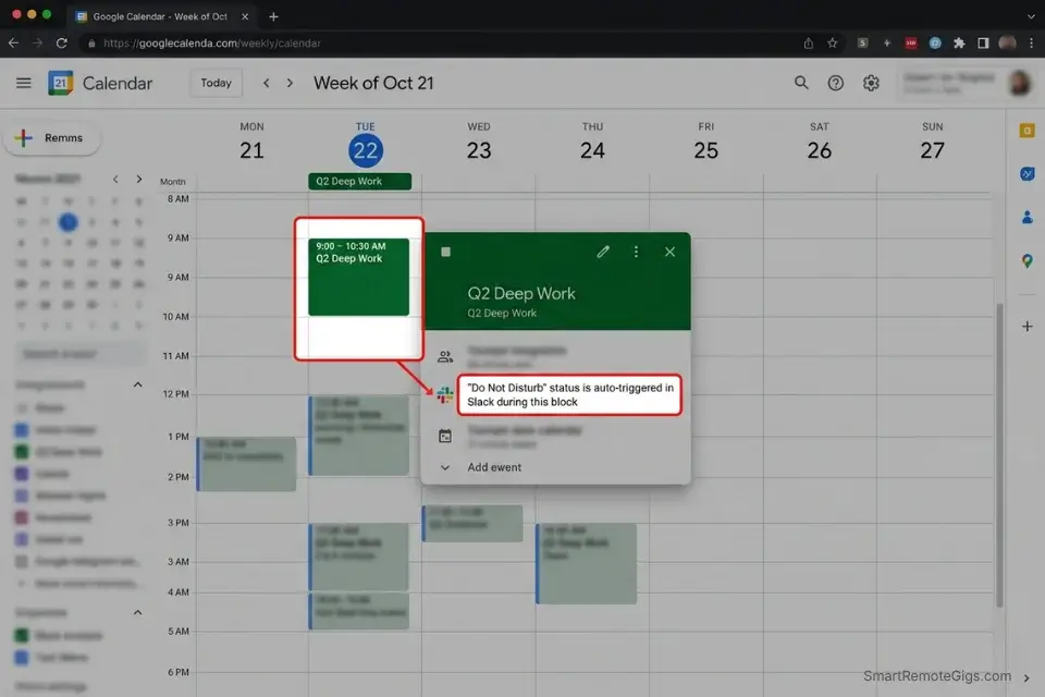 Google Calendar screenshot showing Eisenhower Matrix Quadrant 2 tasks time-blocked for deep work with automated Slack DND.