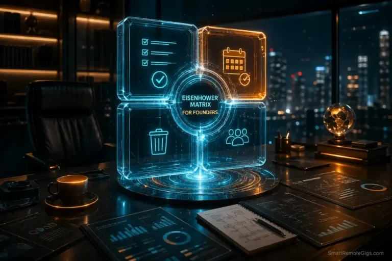 3D cinematic visualization of the Eisenhower Matrix for founders scaling from operator to CEO in 2026.