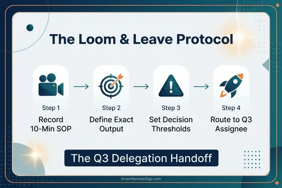 Workflow infographic showing the Eisenhower Matrix for founders delegating Quadrant 3 tasks permanently.