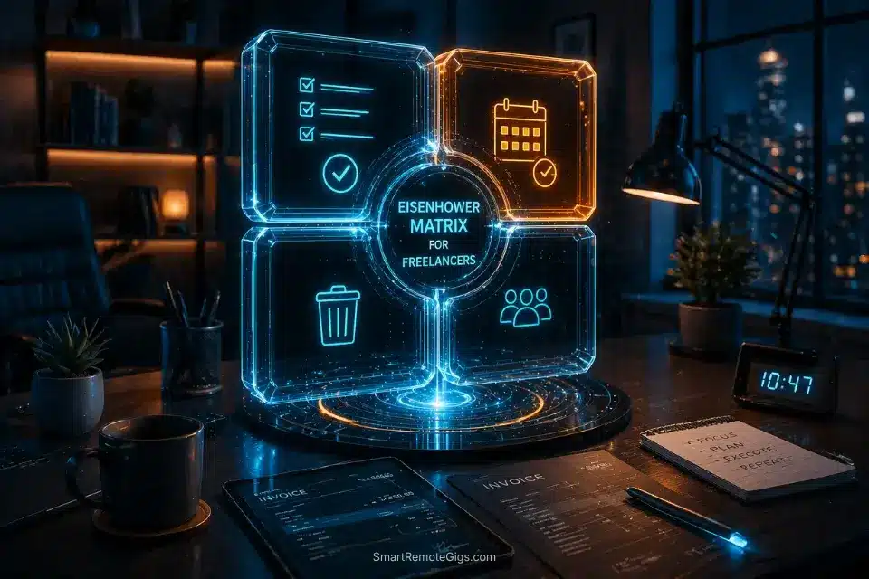 3D cinematic visualization of the Eisenhower Matrix for freelancers in 2026 to crush the feast-or-famine cycle and boost revenue.
