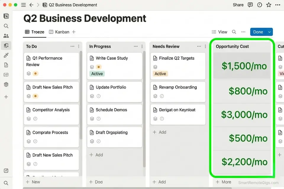 Notion workspace illustrating the Eisenhower Matrix for freelancers managing Quadrant 2 marketing tasks and opportunity costs.