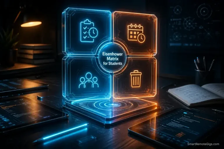3D cinematic visualization of the Eisenhower Matrix for students in 2026 to eliminate burnout and dominate exams.