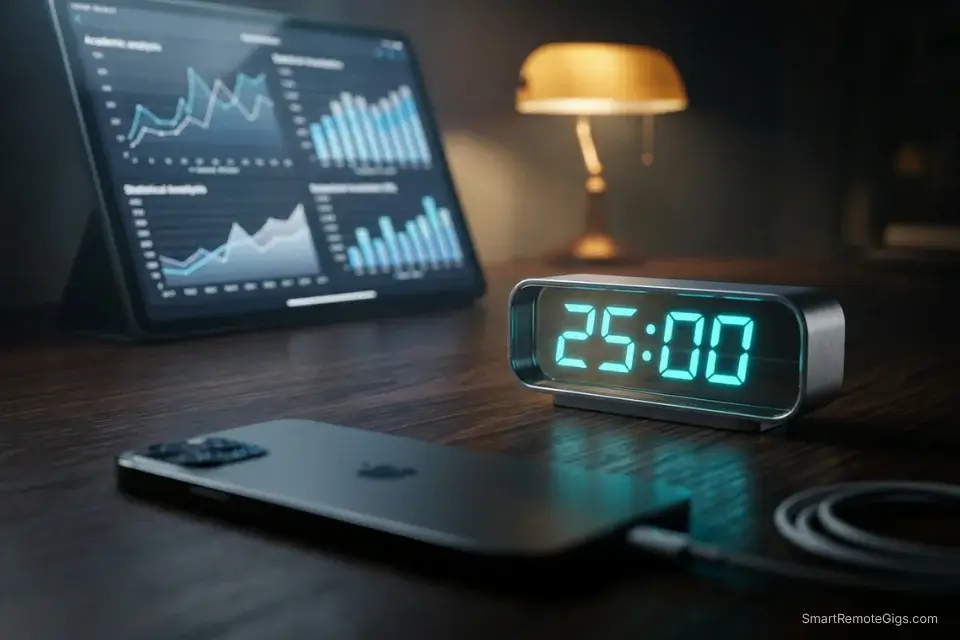 3D visualization of a student applying the Eisenhower Matrix by eliminating Quadrant 4 digital distractions and utilizing a Pomodoro timer.