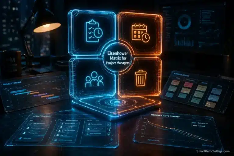 3D cinematic visualization of the Eisenhower Matrix for project managers blocking scope creep and dominating agile sprints in 2026.