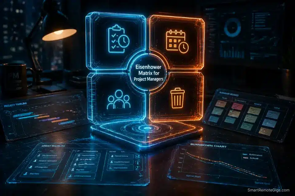 3D cinematic visualization of the Eisenhower Matrix for project managers blocking scope creep and dominating agile sprints in 2026.