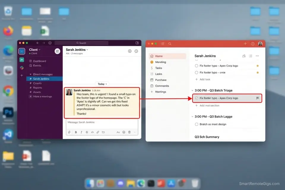 Screenshot demonstrating how project managers route urgent but unimportant Slack messages into an Eisenhower Matrix batch block.