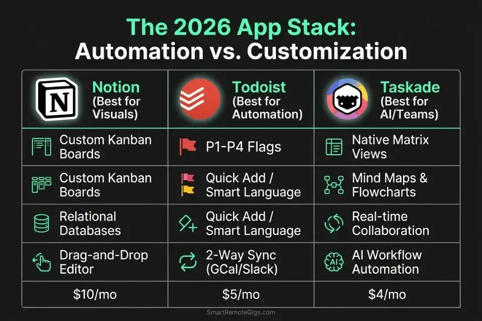 Data comparison chart breaking down the features, pricing, and use cases for Notion, Todoist, and Taskade as Eisenhower Matrix apps.