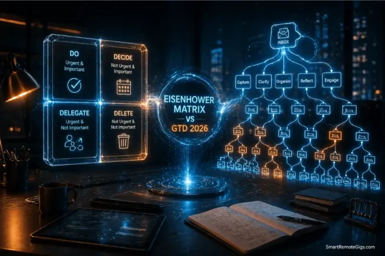 3D cinematic visualization comparing the Eisenhower Matrix versus GTD workflows for remote professionals in 2026.