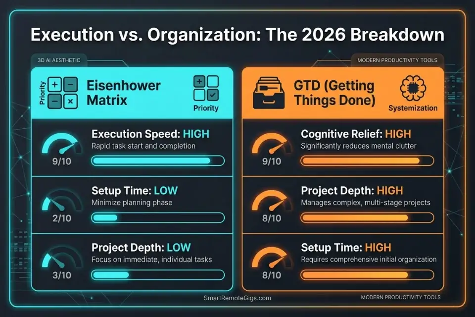 Data comparison chart breaking down the setup time, cognitive relief, and execution speed of the Eisenhower Matrix versus GTD.