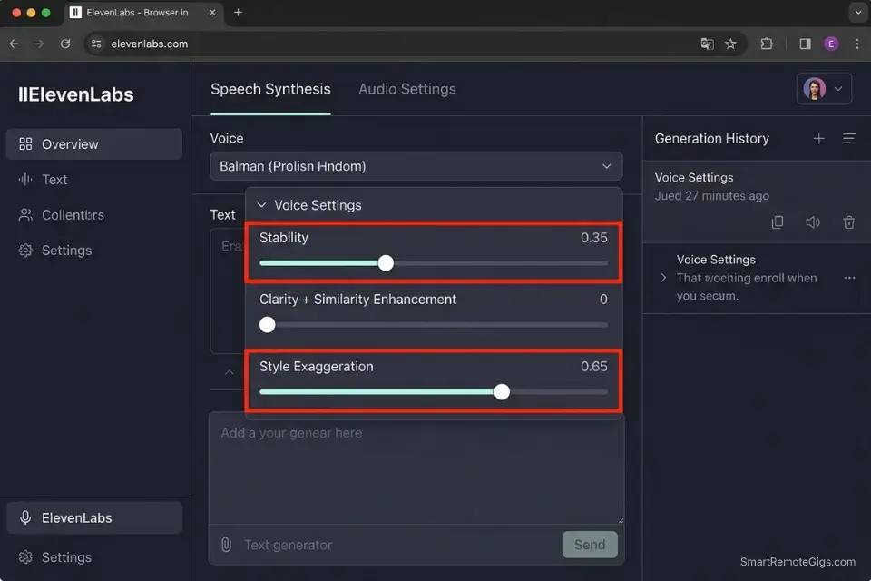 Screenshot of ElevenLabs free tier voice settings highlighting the ideal stability and style exaggeration sliders for natural narration.
