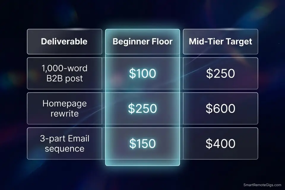 Flat rate pricing table for entry level remote writing jobs and deliverables.