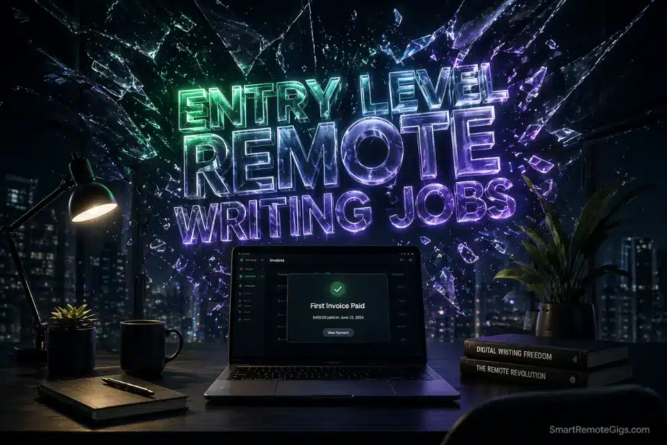 Cinematic 3D illustration representing how to land entry level remote writing jobs with zero experience.