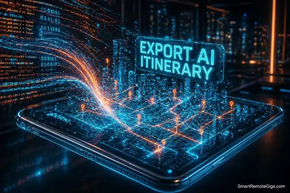 A 3D holographic smartphone converting raw code into a glowing city map, representing how to export an AI travel itinerary to Google Maps.