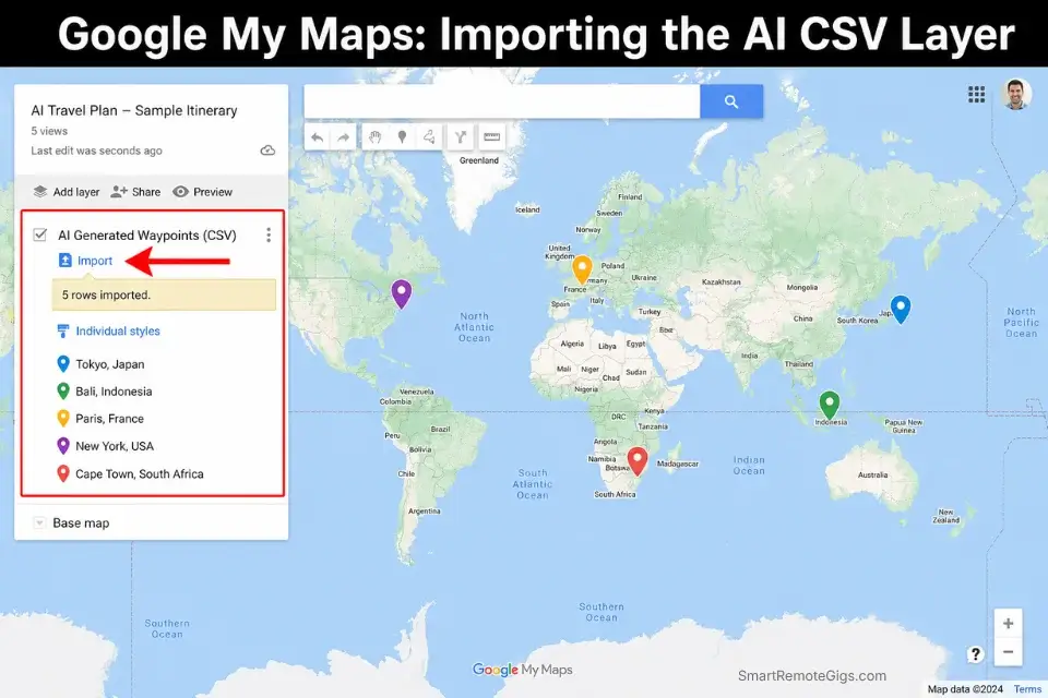 A tutorial screenshot showing how to export an AI travel itinerary to Google Maps using the My Maps CSV import tool for offline navigation.