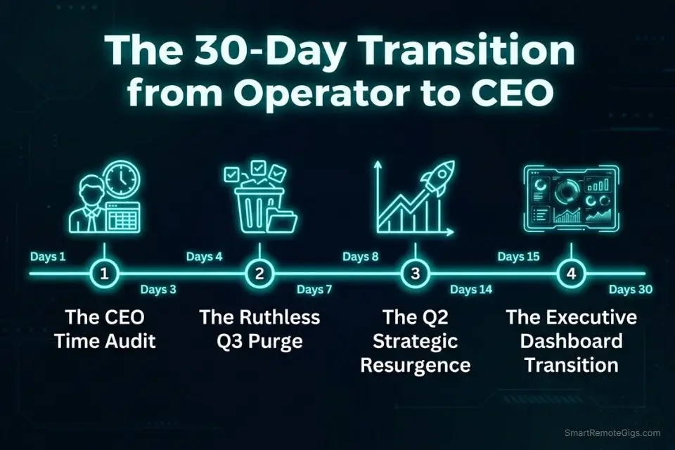 30-Day Execution Plan timeline for startup founders implementing a digitized Eisenhower Matrix to scale their leadership.