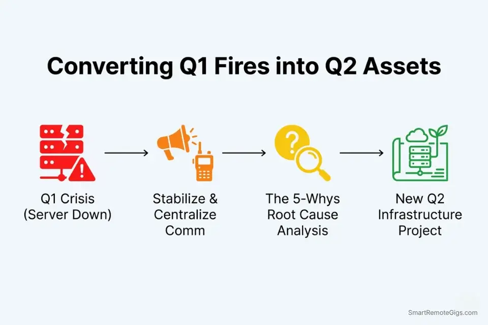 Workflow infographic showing founders how to convert Quadrant 1 emergencies into Quadrant 2 infrastructure upgrades.