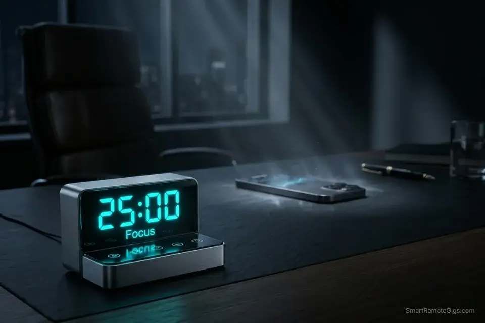 3D visualization of a startup founder eliminating Quadrant 4 vanity metrics by utilizing a Pomodoro timer for deep work.