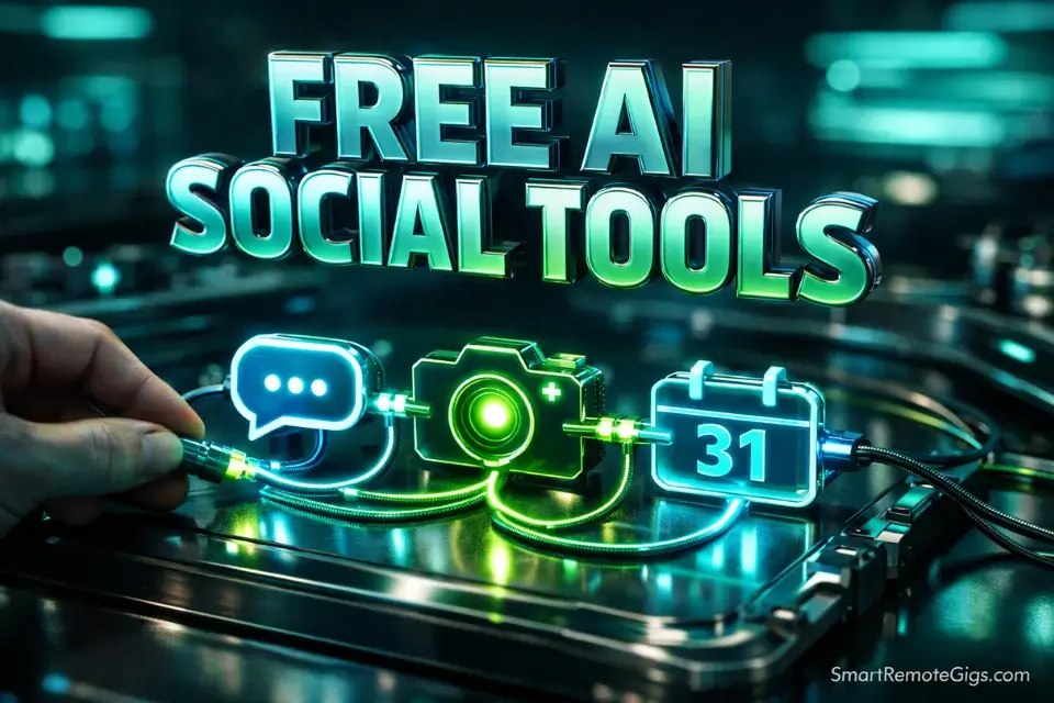A glowing 3D conceptual circuit of free AI social media tools connected together into a zero-budget stack for 2026.